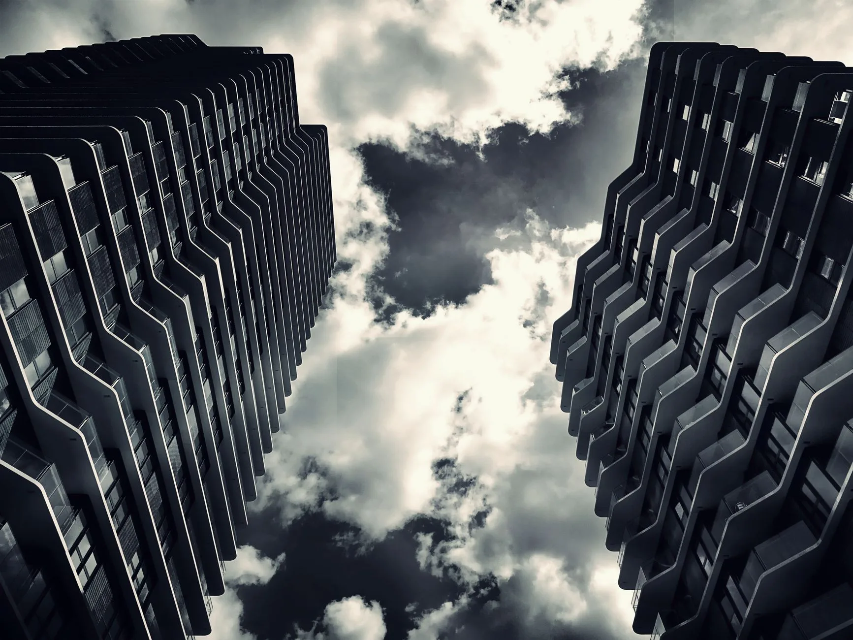 Modern architectural building with dramatic lighting